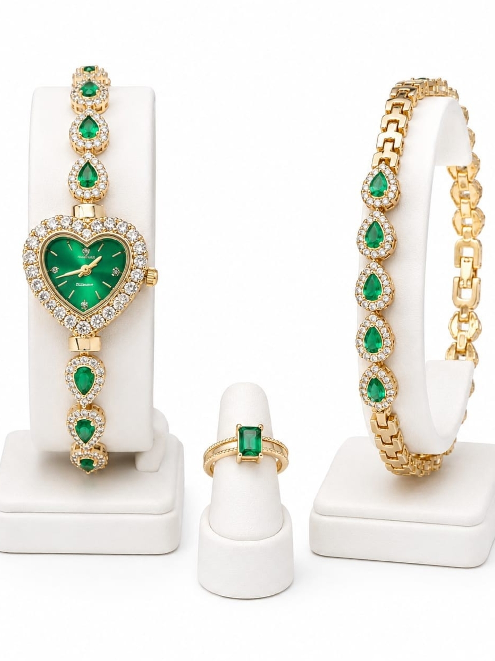 Gold-Tone Green Heart Watch and Bracelet Trio